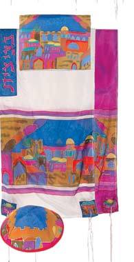 Jerusalem Vista in Color Woven Cotton and Silk Tallit Set By Yair Emanuel 21x77"