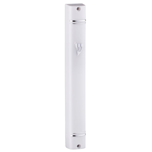 Plastic Mezuzah White With Back Opening Silver Shin 12cm
