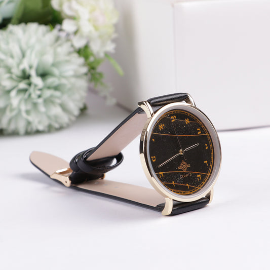 Watch - with Aleph Bais" Black Handle black face gold rim