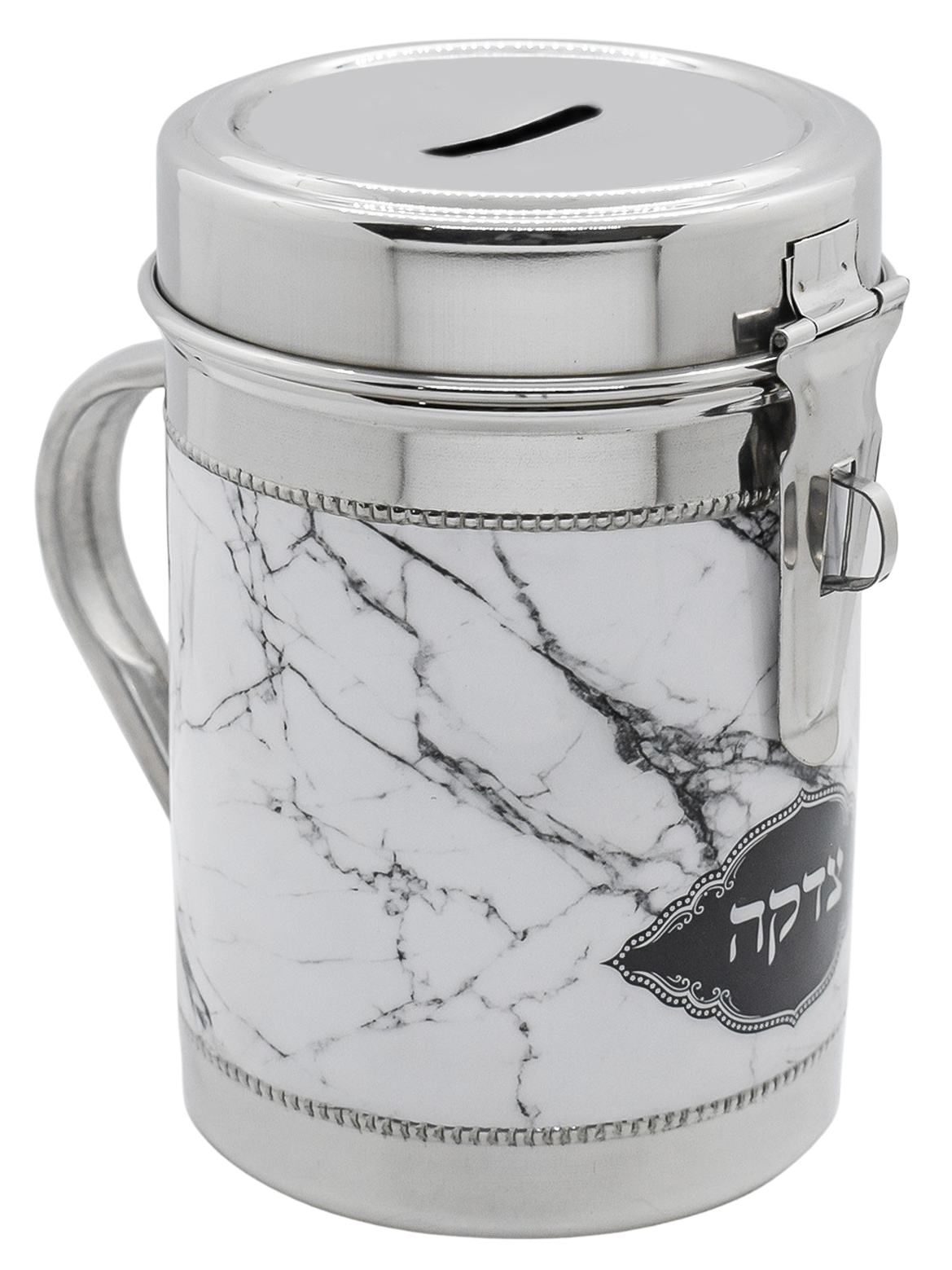 Silver Tzedakah Box with grey Marble Design