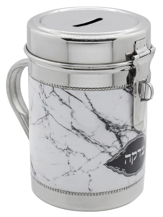 Silver Tzedakah Box with grey Marble Design