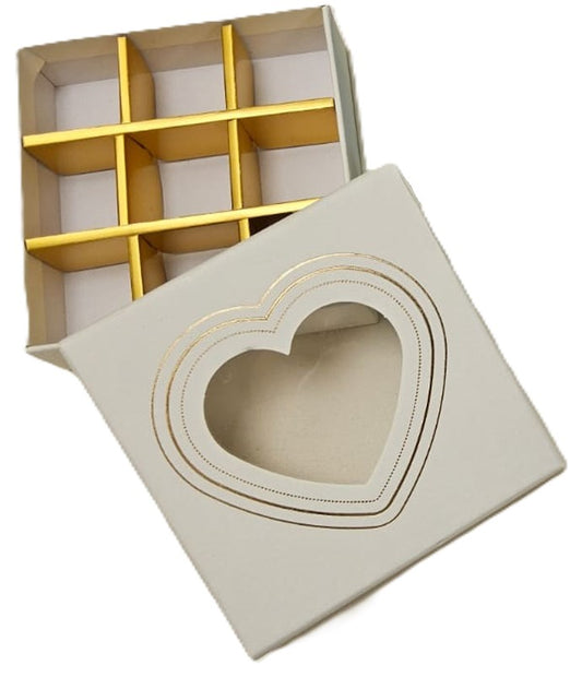 White Chocolate box divided into 9 with a transparent window like a cream heart