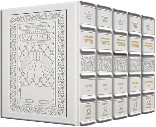 Yerushalayim Leather Interlinear Sedard Machzor 5 Volume White