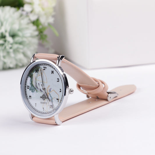 Watch -  with Aleph Bais" Pink  Handle Green Designed face Silver rim