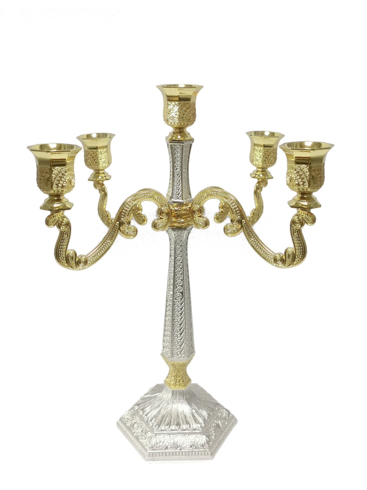 Silver & Gold Filigree Candelabra 5 Light 16"