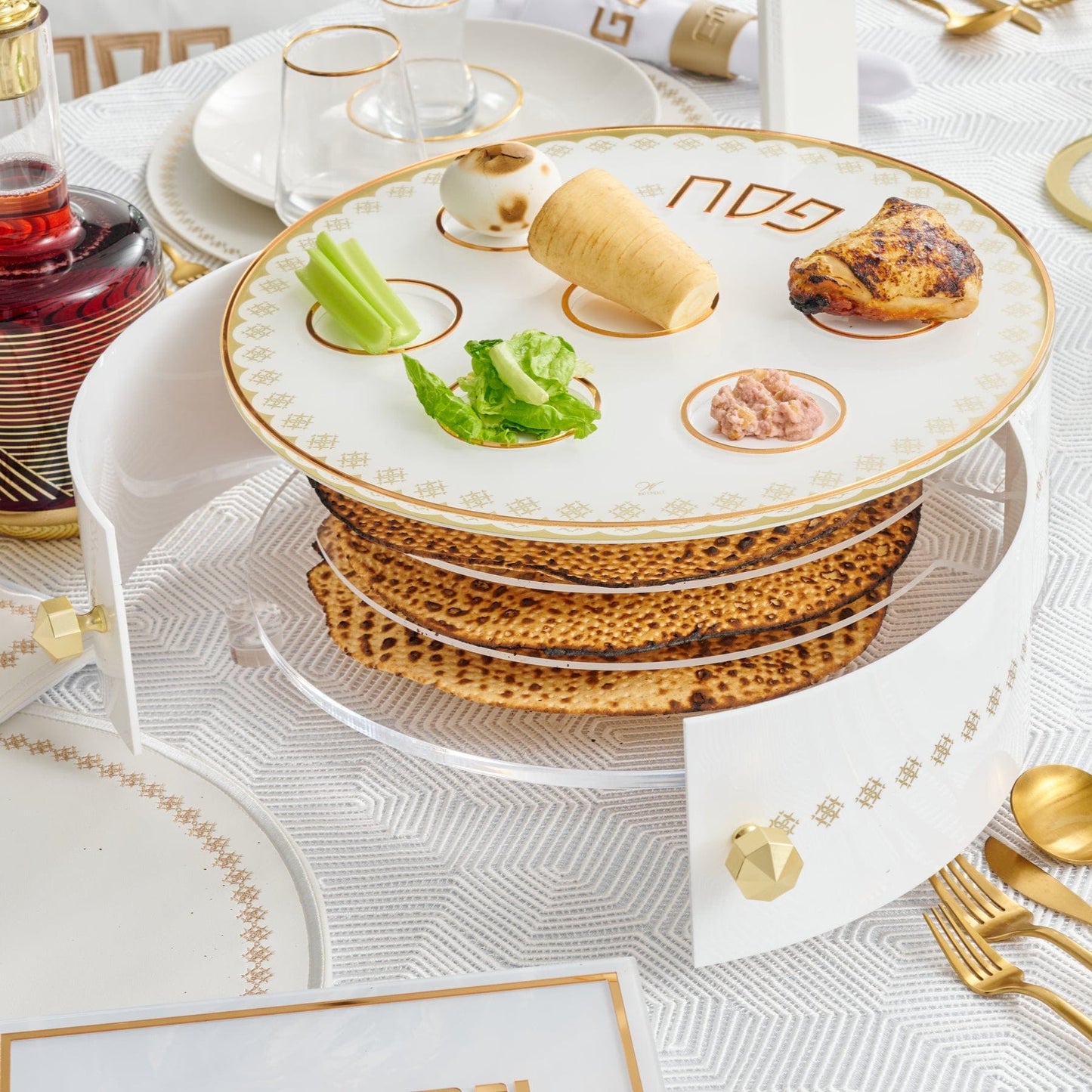 3 Level Round Cartier Kearah Seder Plate with Matzah Box featuring gold accents and layered design for Passover table display