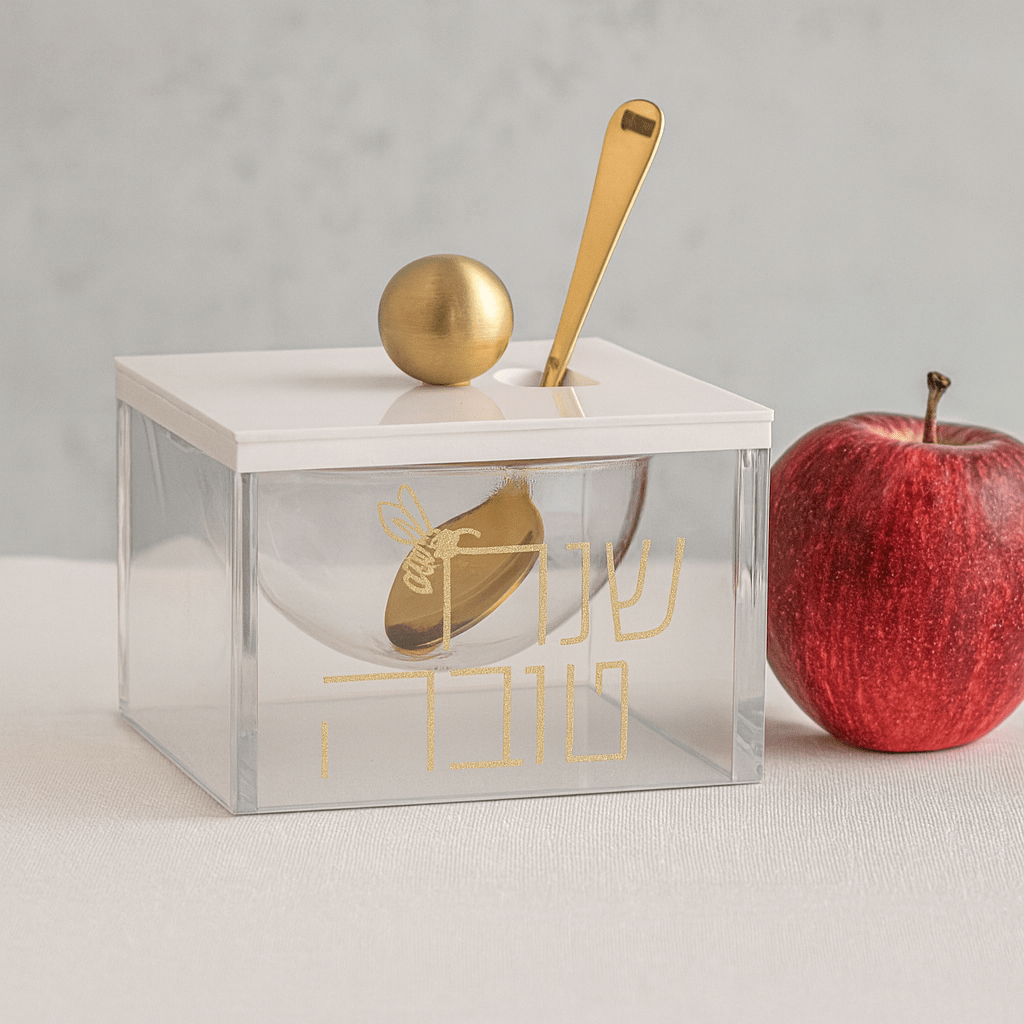 Gold Block Honey Dish beside apple beside t