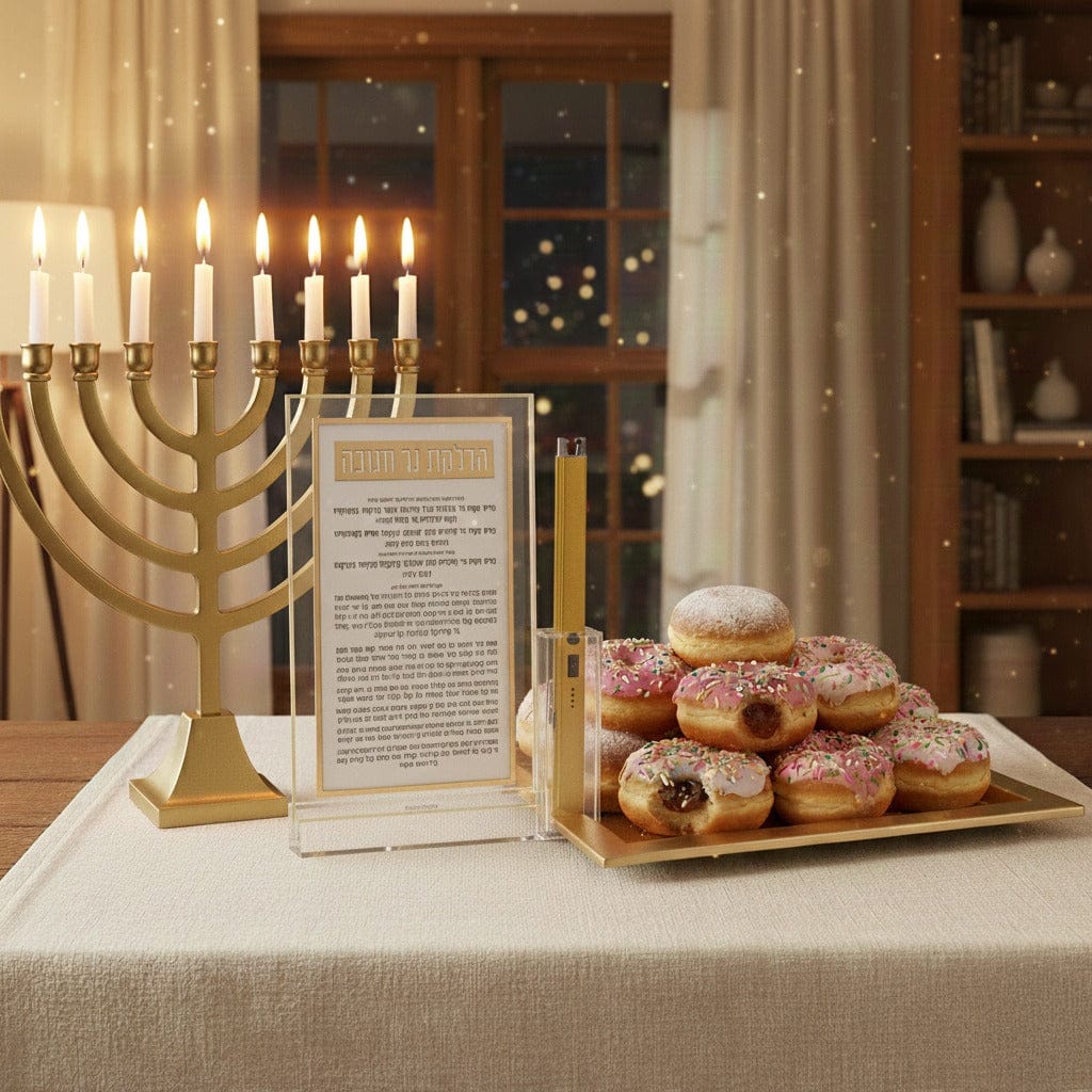 Chanukah Classic 2.0 Lighter Card gold finish on Hanukkah table with lit menorah and jelly donuts for candle lighting - Waterdale Collection