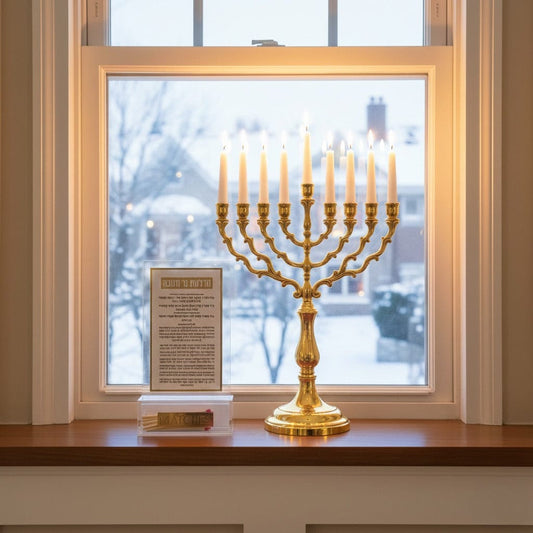 Chanukah match cloche - Lucite - Decorative cloche with matches next to a lit brass menorah on a snowy windowsill display for Hanukkah candle lighting accessories- Waterdale Collection