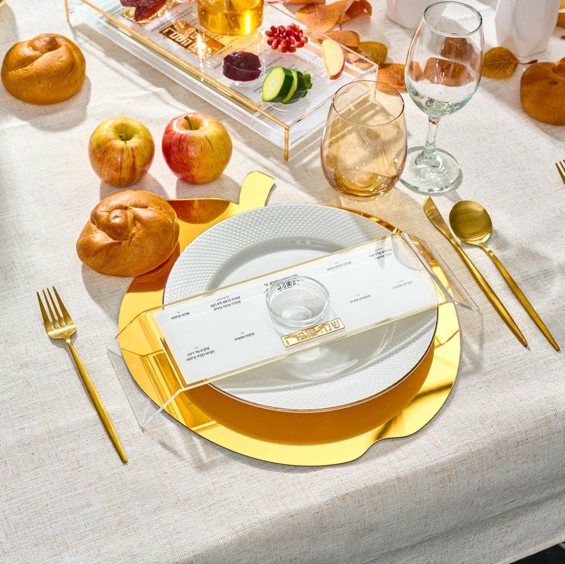 Gold Classic 2.0 Raised Simanim Trays (4) on a table setting