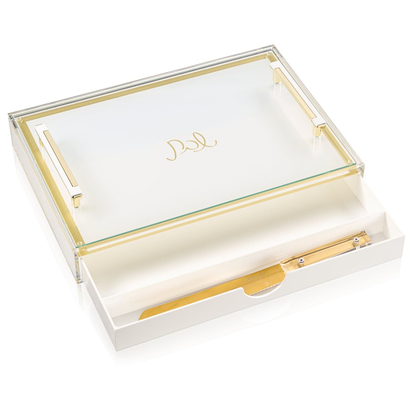 Challah Board with drawer. Knife in drawer waterdale collection. 