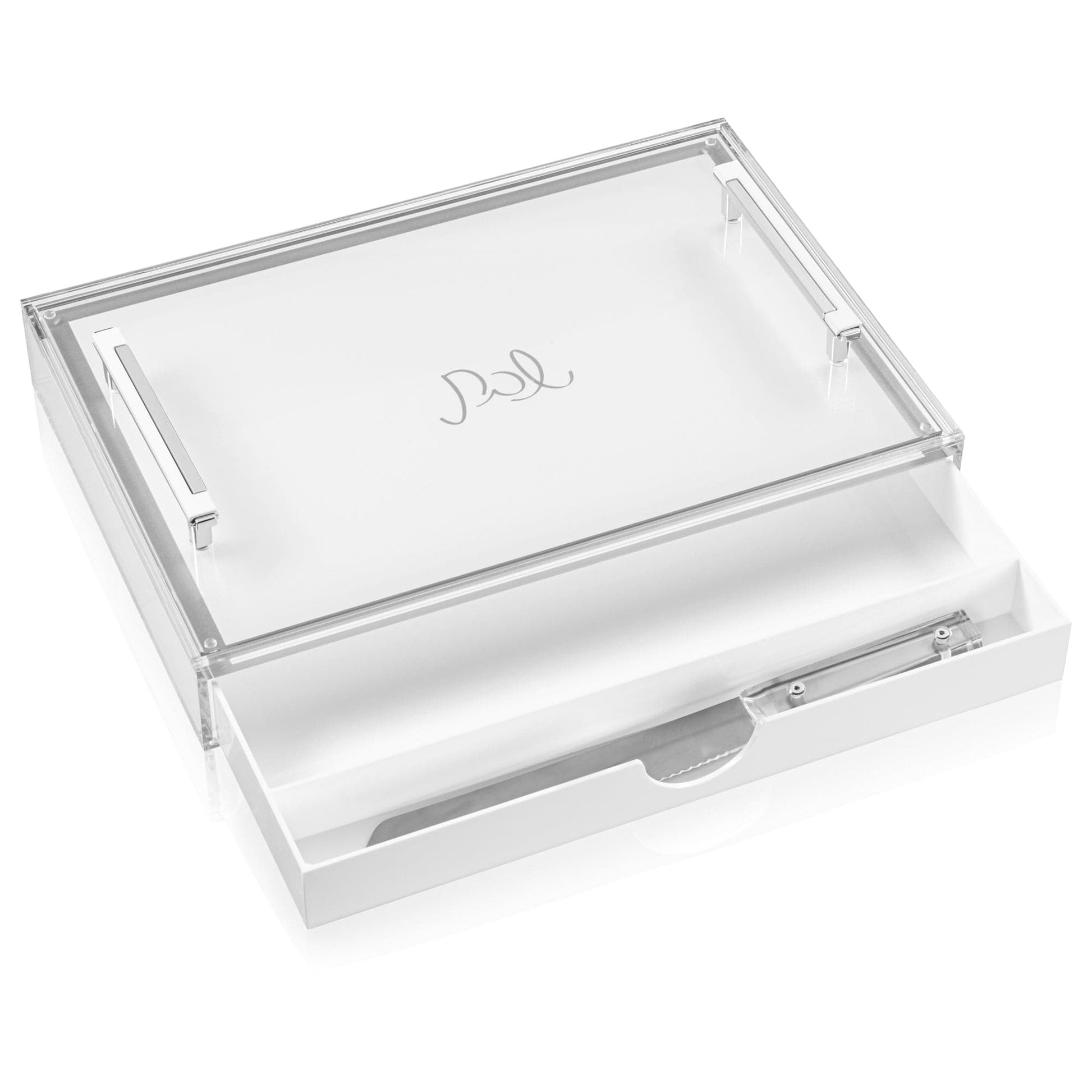 Challah Board with drawer. Knife in drawer waterdale collection. 