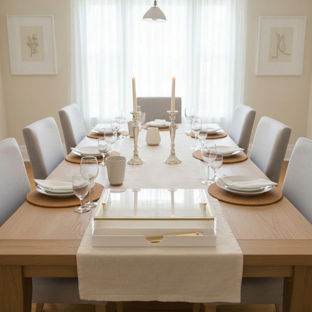 Classic Challah Board with Drawer - Lucite - Classic white and gold challah board with a sliding drawer for the knife, placed on a dining table set for Shabbat dinner - Waterdale Collection