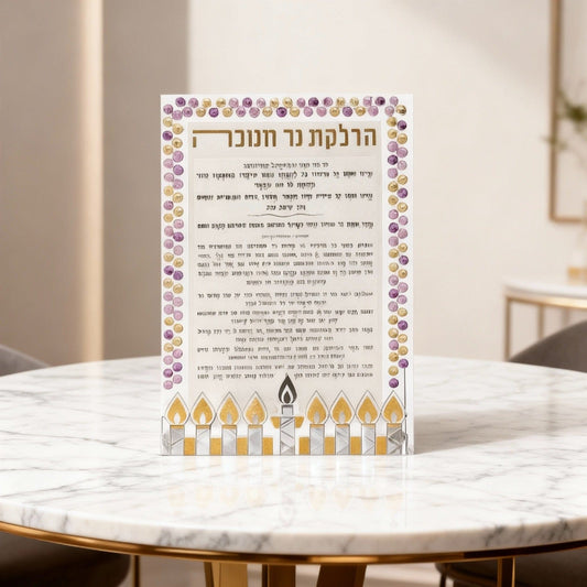 Acrylic DIY Chanukah Brachos Tabletop for Menorah lighting, featuring gold and purple watercolor border and full Hebrew blessings for kindling the lights - Waterdale Colelction