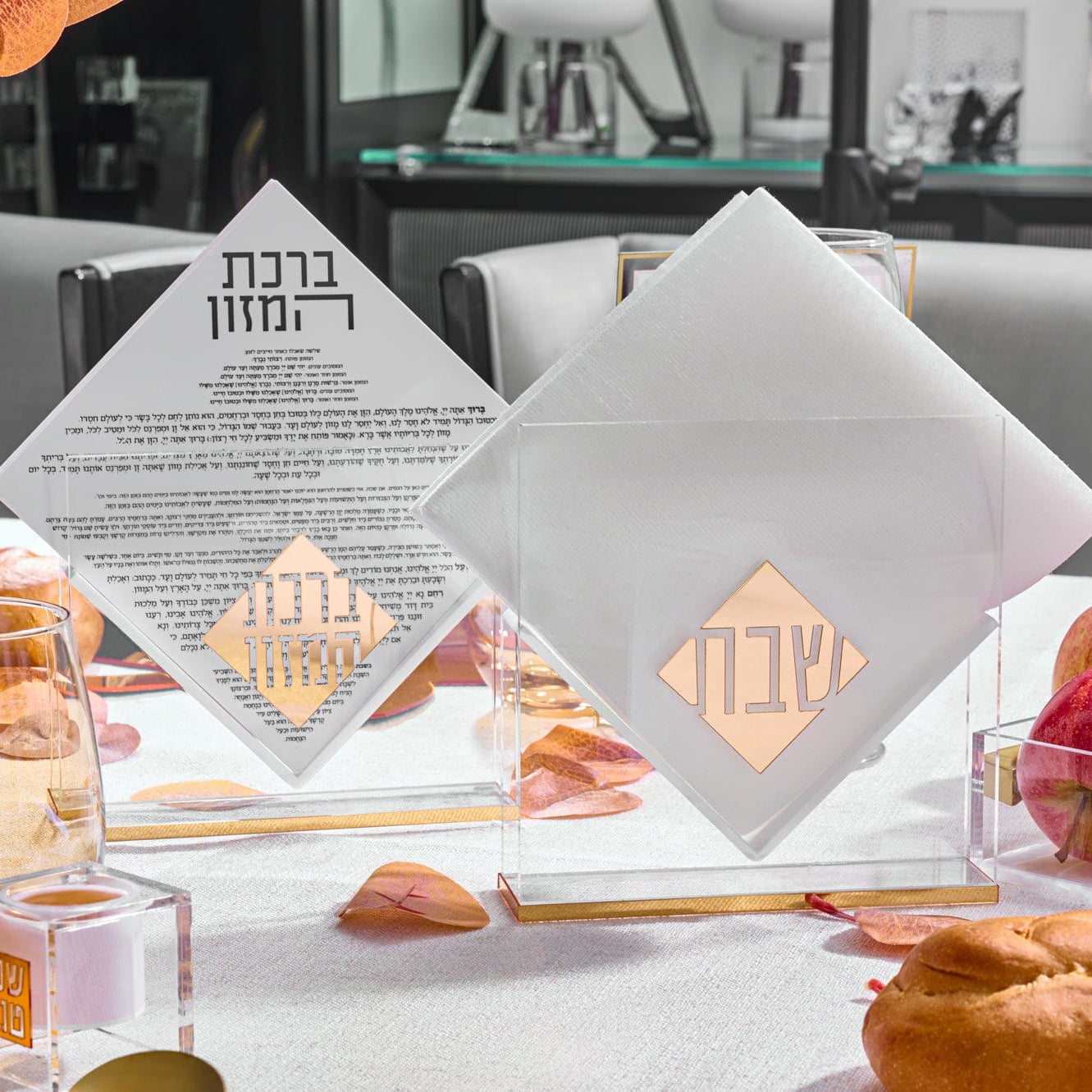 Diamond Suspended Napkin Holder on an Elegant Shabbat table.
