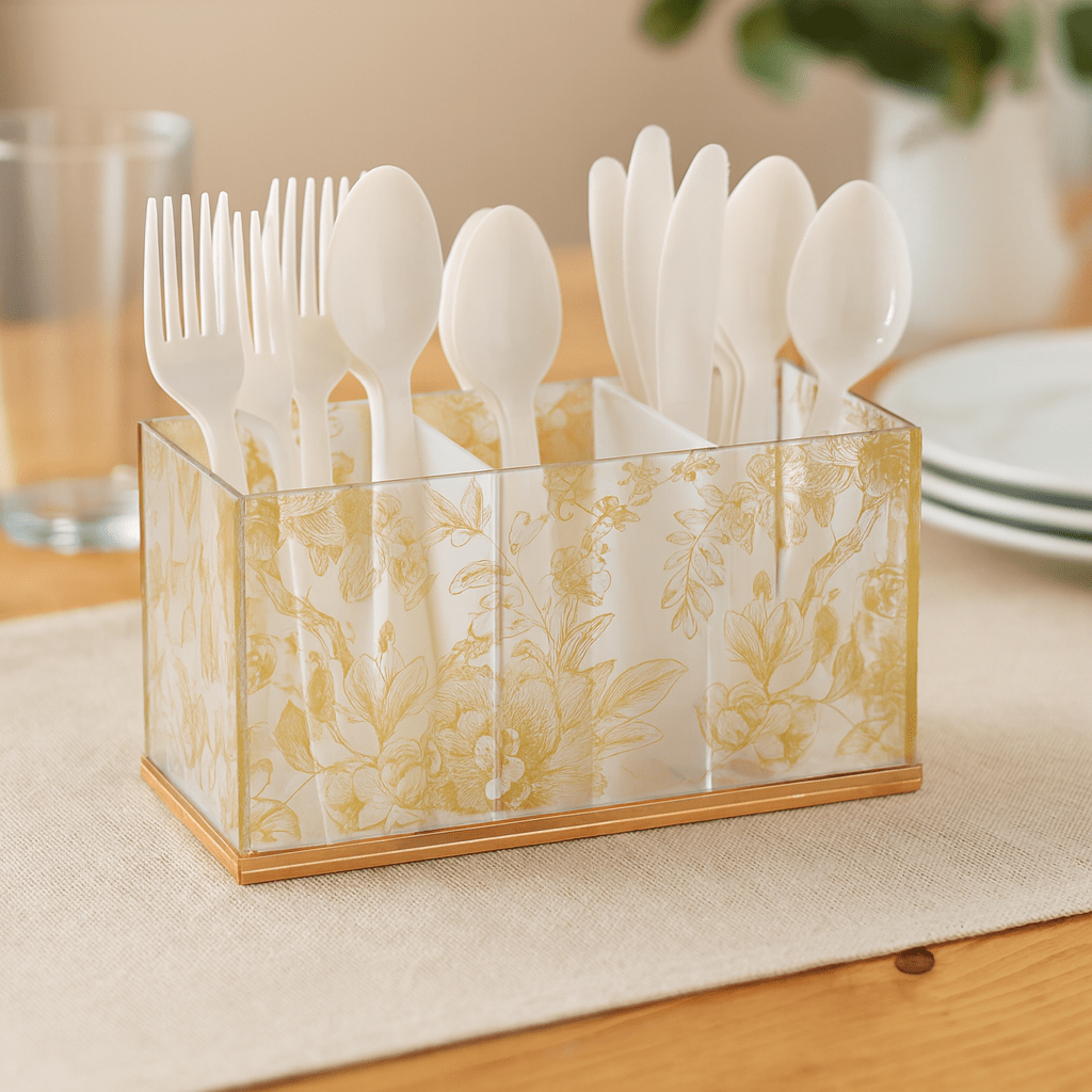 French Toile Silverware Caddy organizing white plastic forks, spoons, and knives on a dining table.