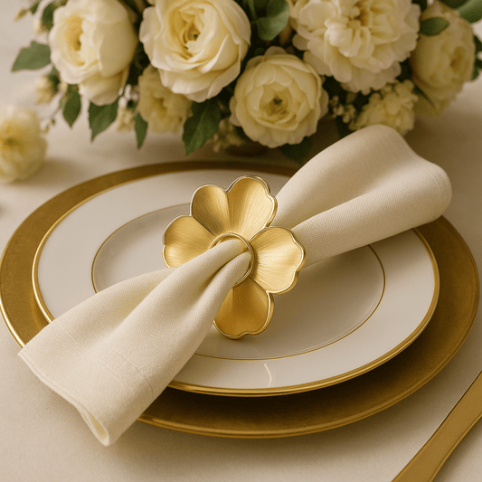 Gold Flower Napkin Rings wrapped around a cream napkin on white and gold-rimmed dinnerware, accented by a bouquet of ivory roses.