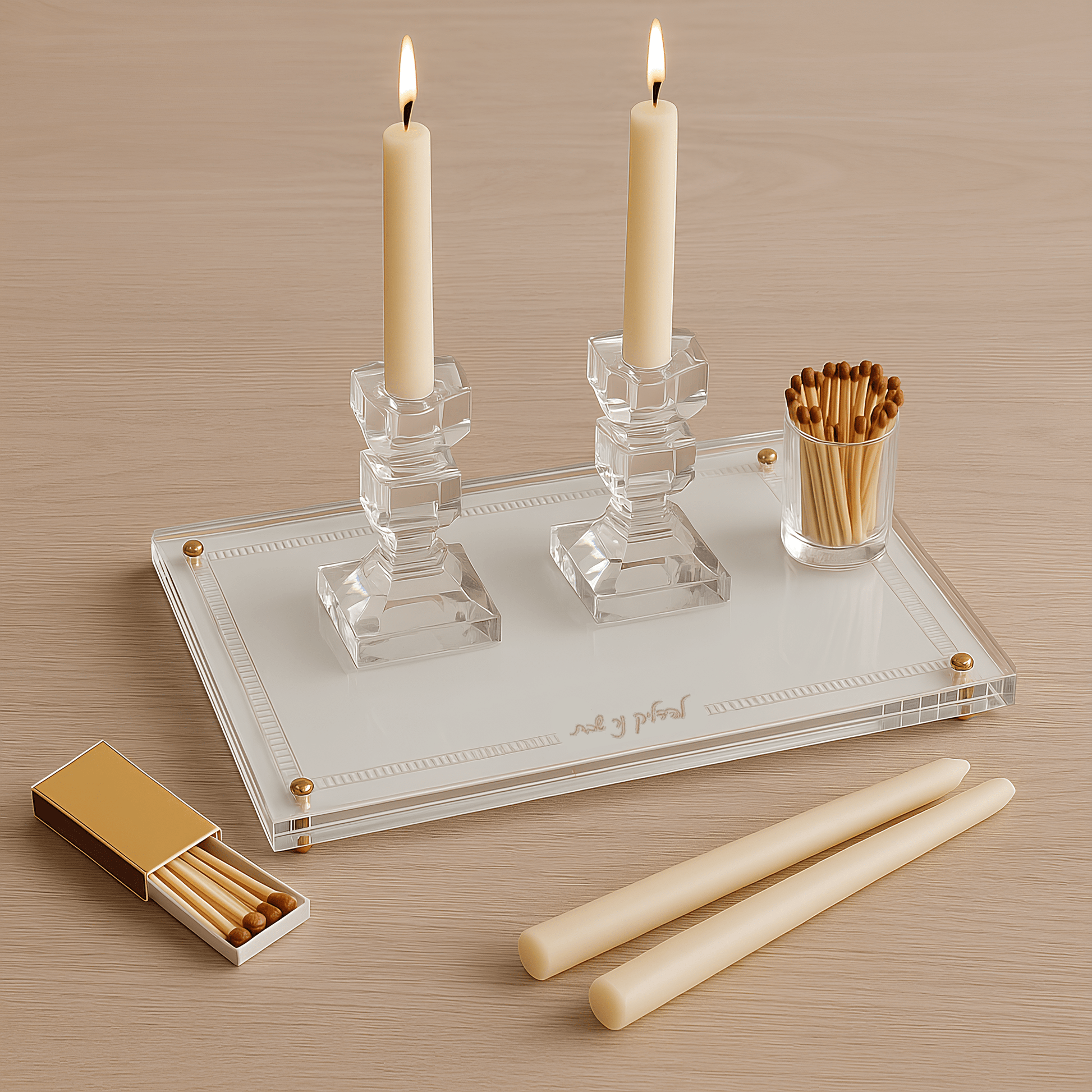 Hemstitch Hadlokas Neiros Tray with crystal candlesticks, lit candles, and matches on a wooden table | Waterdale Collection