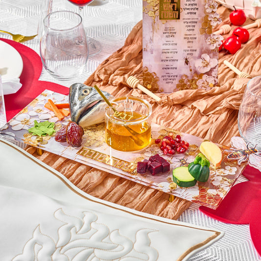 Honeycomb Simanim Tray with fish head and honey dish on top of it