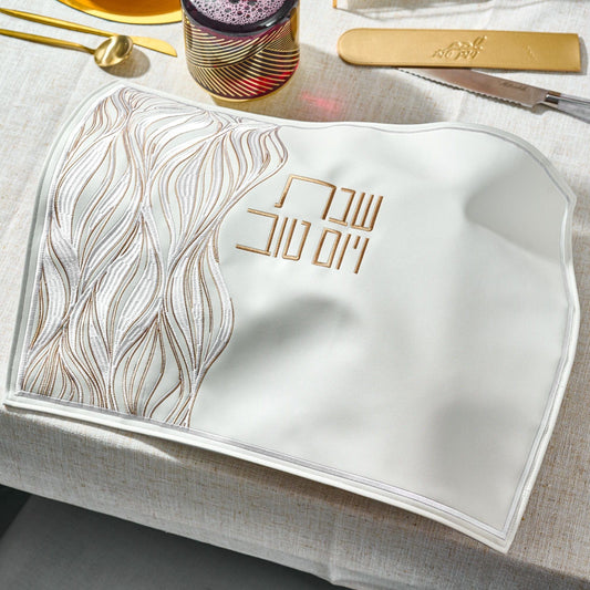 Lace Challah Cover on an elegant holiday table setting.