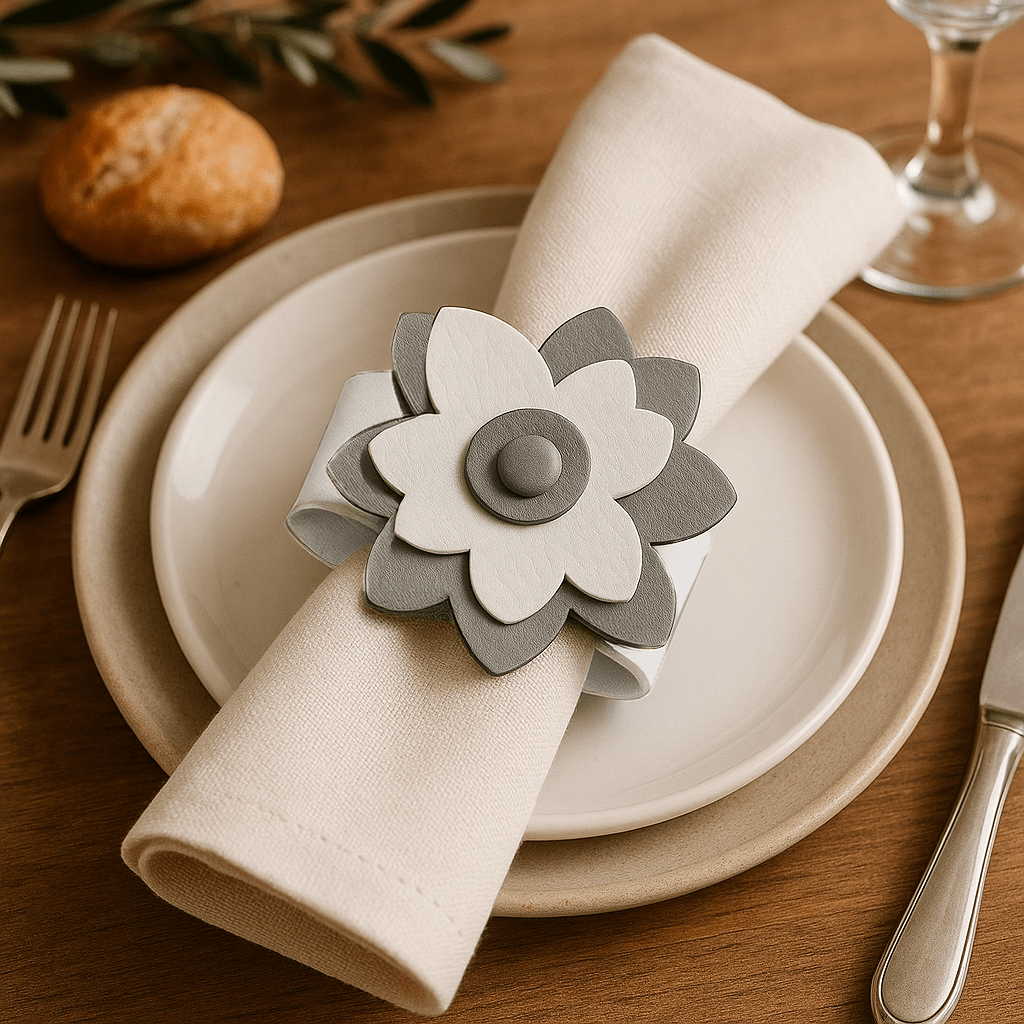 Silver Leather Flower Napkin Wraps in a cream linen napkin placed on stacked ceramic plates with silver cutlery.