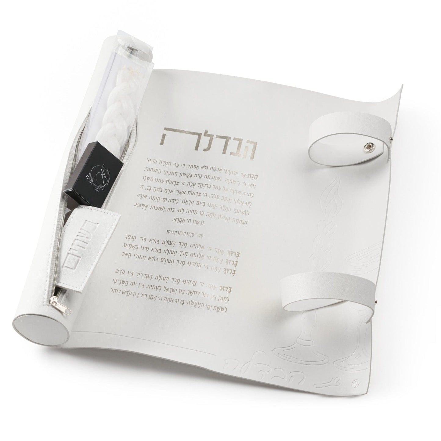 Silver leather havdalah mat - Set with matches, besamim, candle. - Waterdale Collection - White background.
