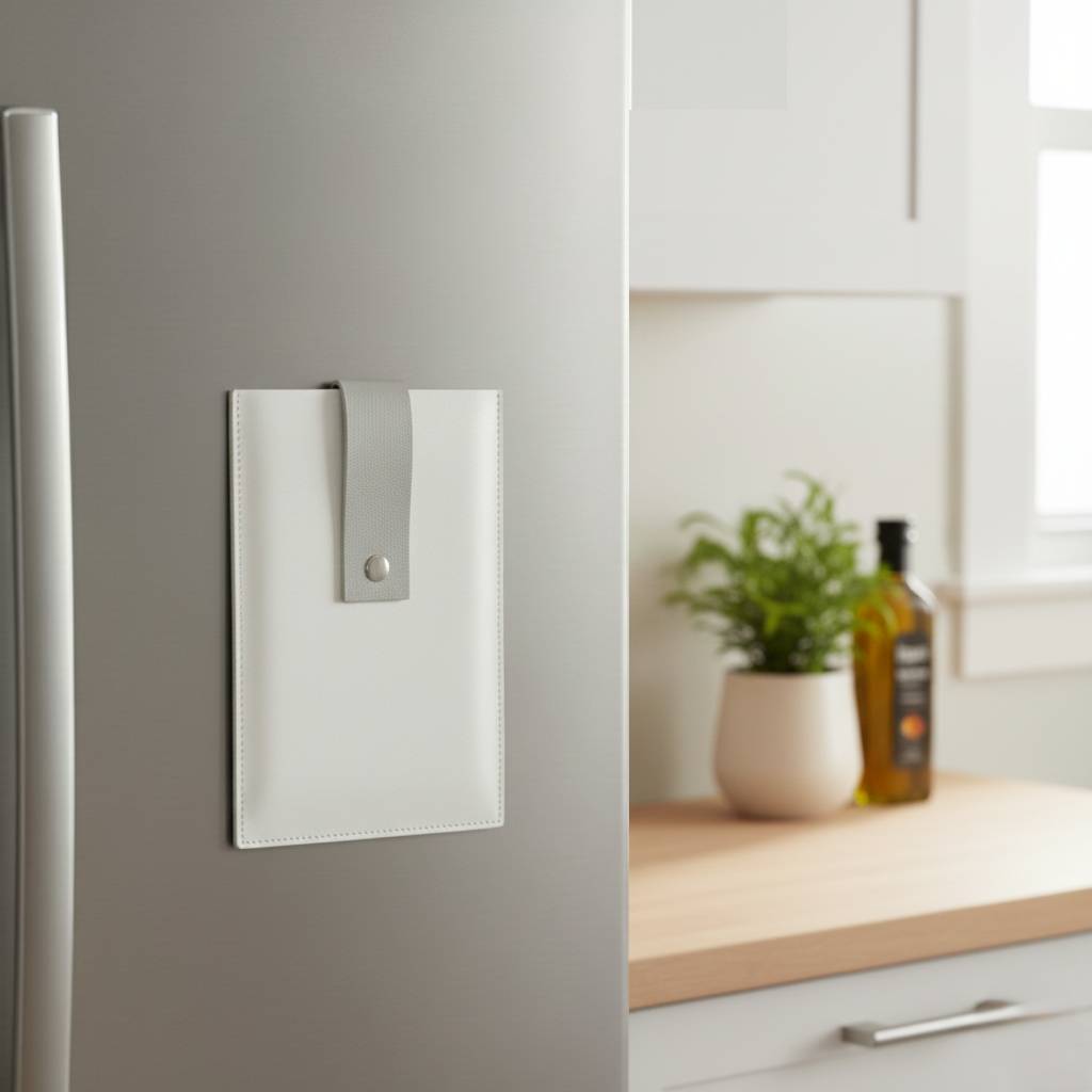 White leather kitchen card magnet set holding three printed prayer cards on a stainless steel refrigerator, shown in a bright kitchen setting - Waterdale Collection