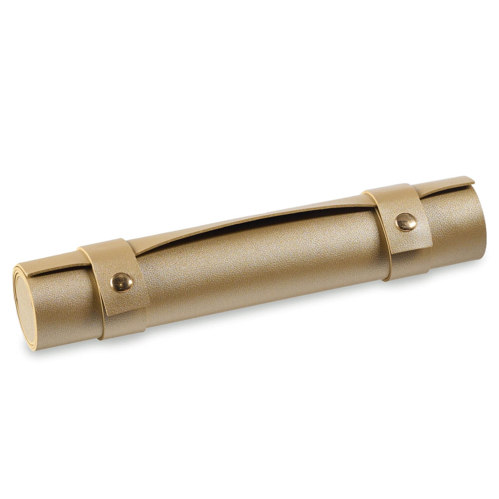 gold leather roll with metal clasps on a white background - waterdale collection - menorah mat