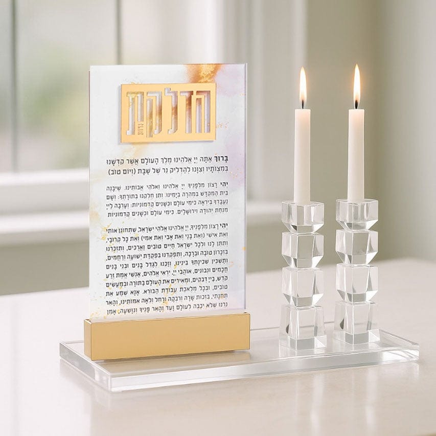 Elegant Shabbat Candle Lighting Set with Crystal Candlesticks and Marble Hadlokas Neiros Card with Base.