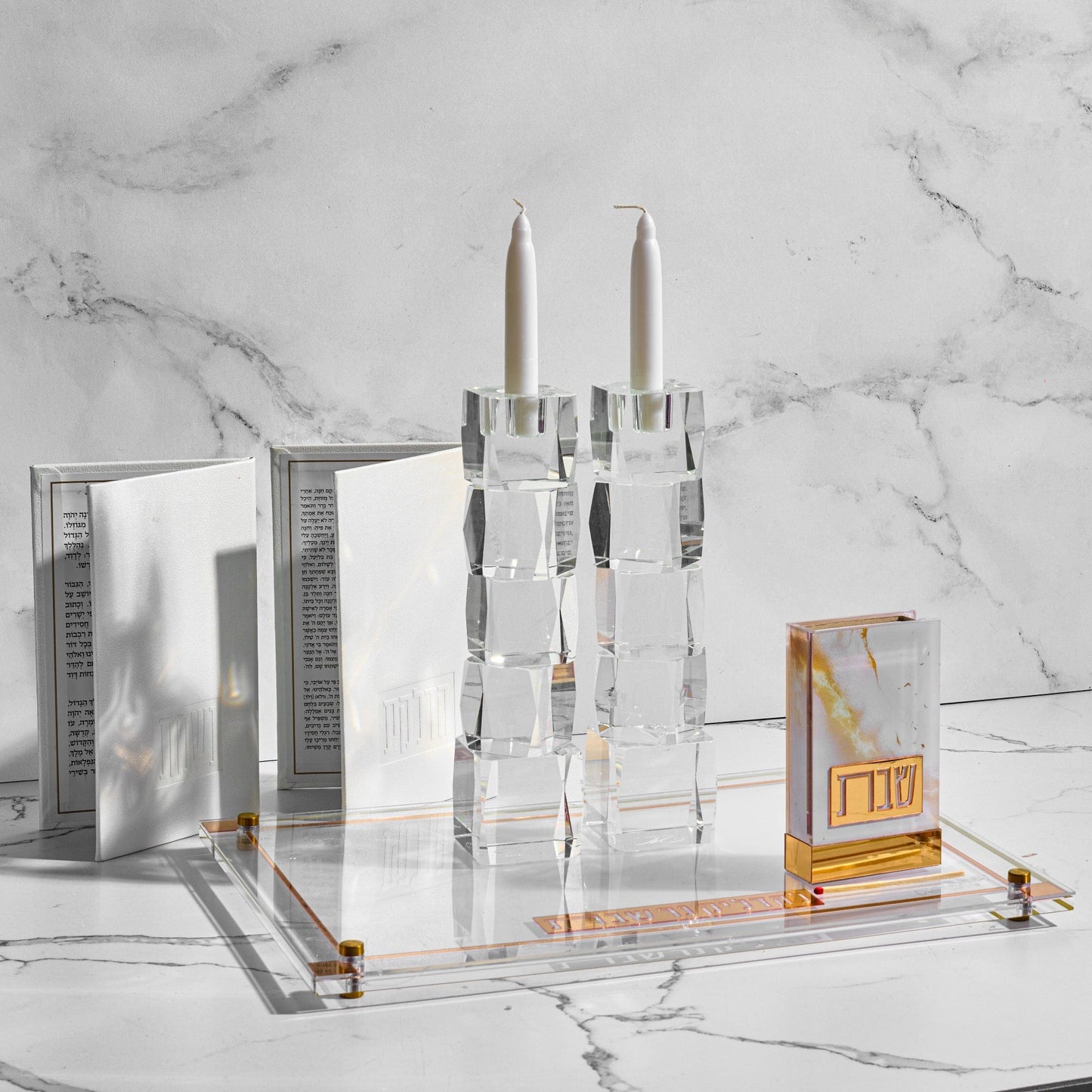 Marble Matchbox Holder on a tray with crystal candle sticks