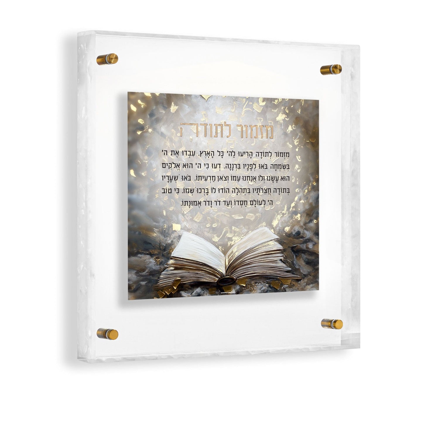 Mizmor Lesoda (מִזְמוֹר לְתוֹדָה) Lucite wall art with gold accents and open sefer design