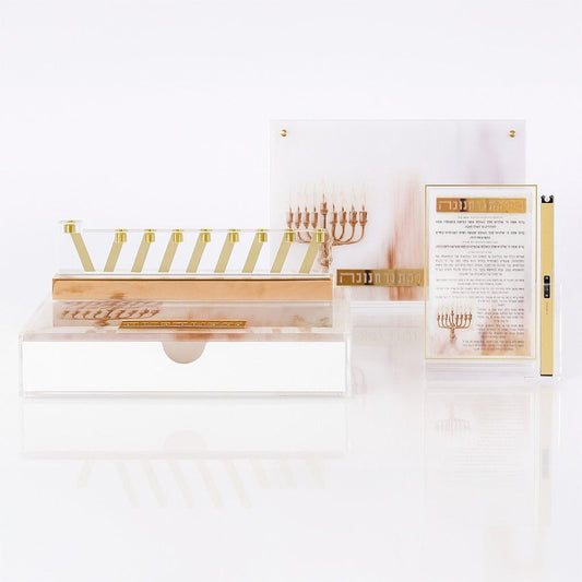 Elegant gold and acrylic Chanukah menorah set featuring modern geometric design, Hanukkah candle-lighting prayer plaque, and decorative presentation box - contemporary Judaica gift for Hanukkah celebration - Waterdale Collection