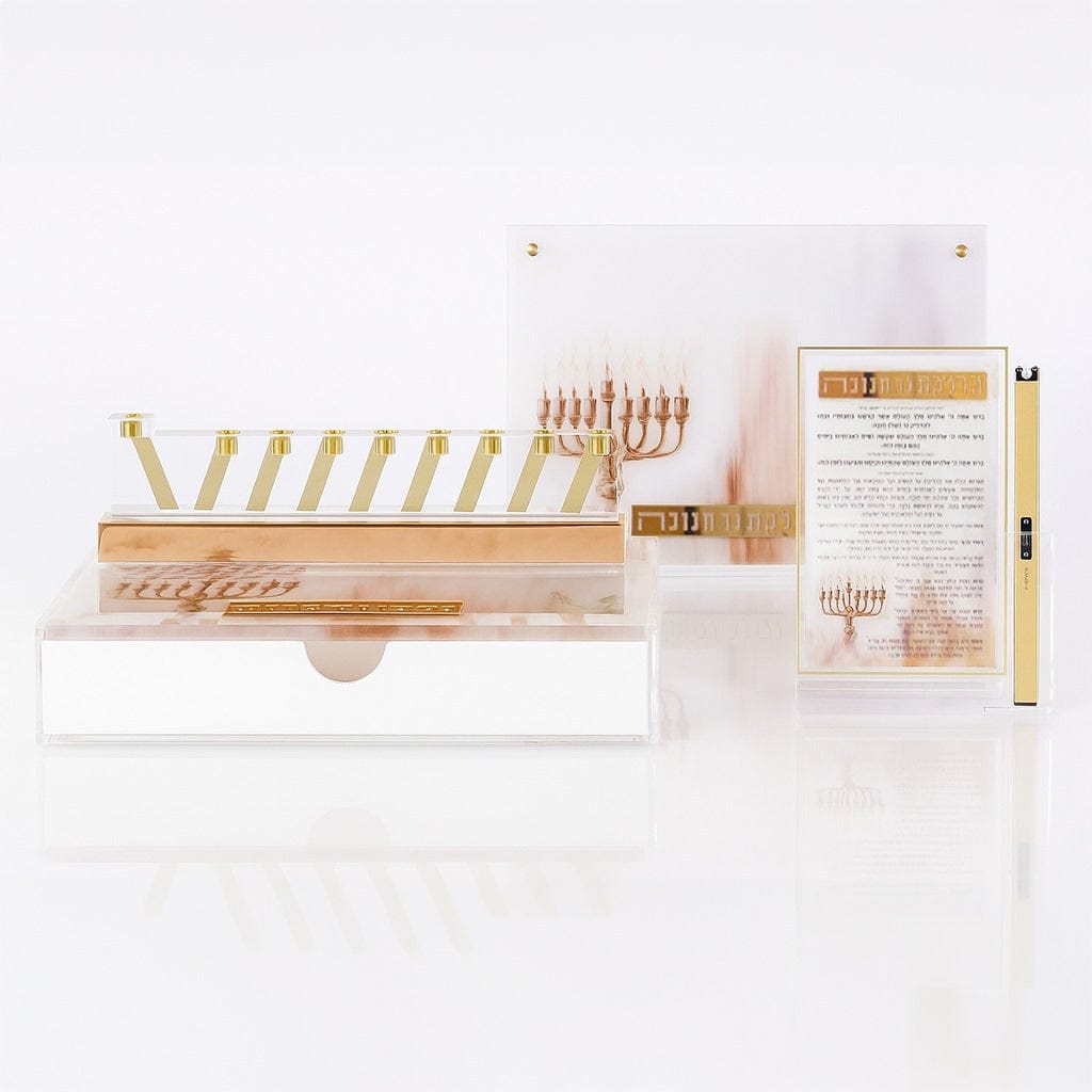 Elegant gold and acrylic Chanukah menorah set featuring modern geometric design, Hanukkah candle-lighting prayer plaque, and decorative presentation box - contemporary Judaica gift for Hanukkah celebration - Waterdale Collection