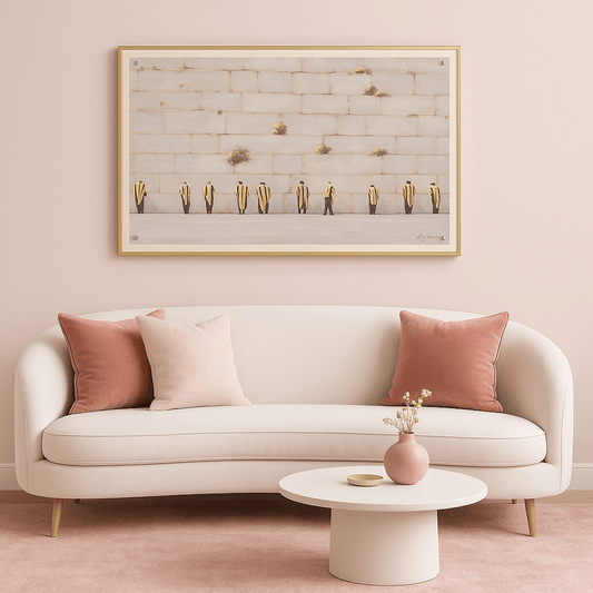 Painted by Judy Kosel Soft Violet mounted above a styled pink living room.