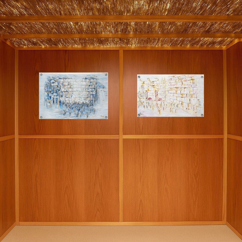 Painted Kosel by Yosefa Vinyl Sukkah Decoration displayed on wood-paneled sukkah walls under schach roofing.