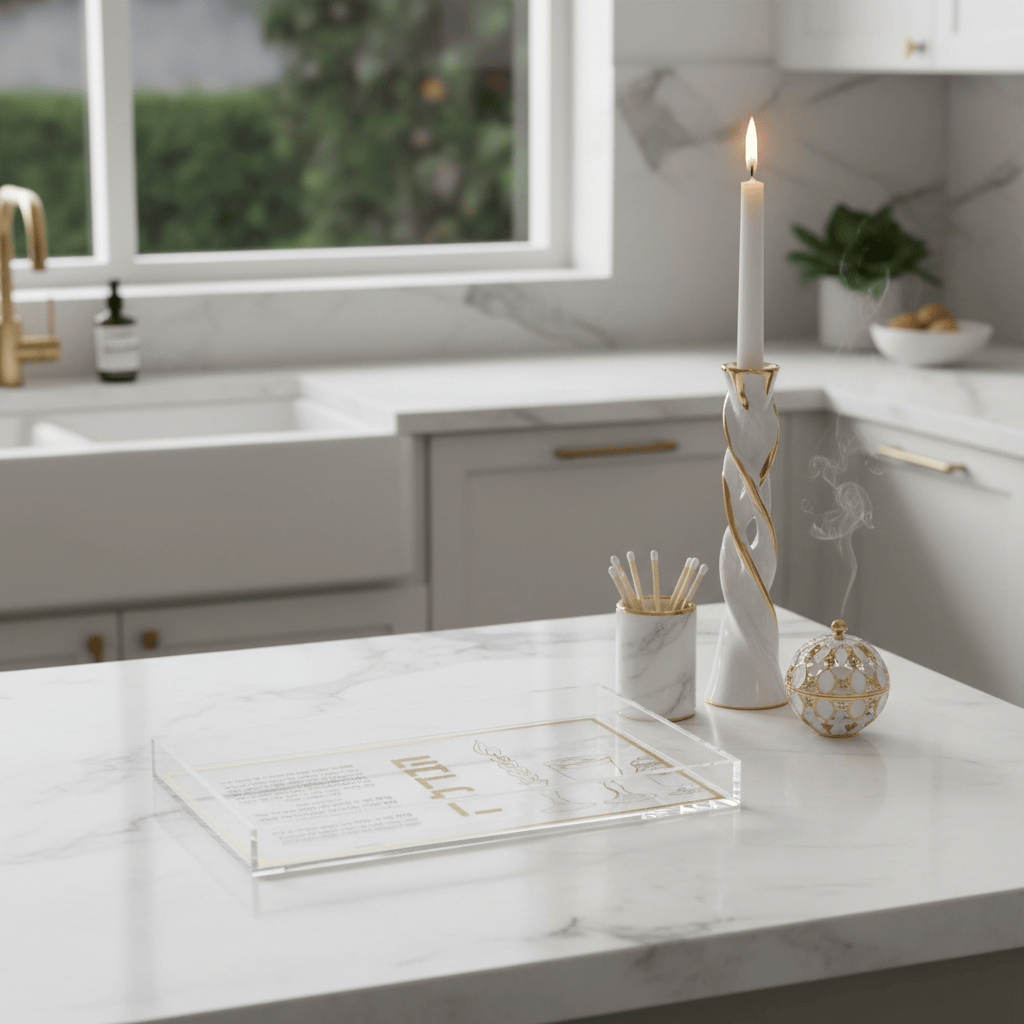 pearl stone Havdalah plate on a white marble modern counter with a candle matches and other accessories. From Waterdale Collection