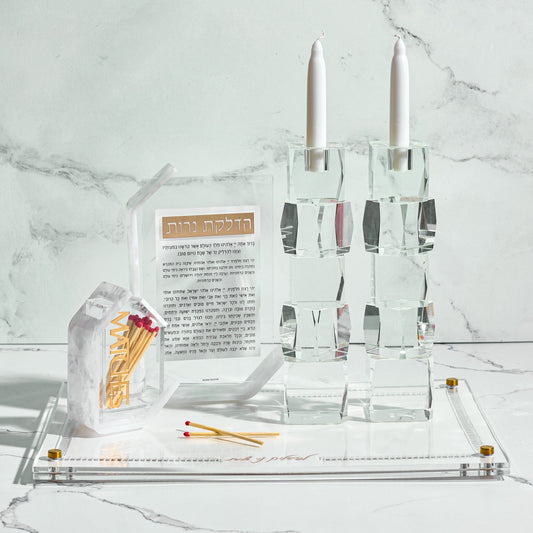 Pearlstone Match Holder with acrylic Hadlakat Nerot prayer card, elegant Shabbat candle on a tray.
