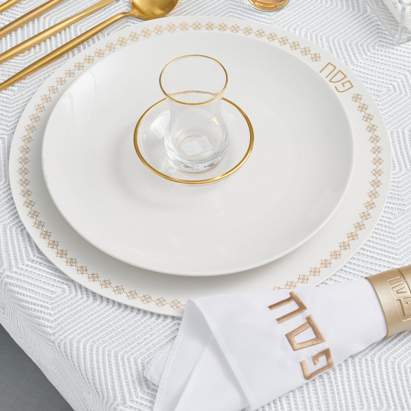 Pesach Leather Inspired Round Chargers on a dining table.