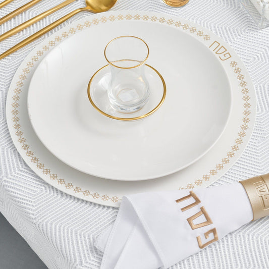 Pesach Leather Inspired Round Chargers on a dining table.