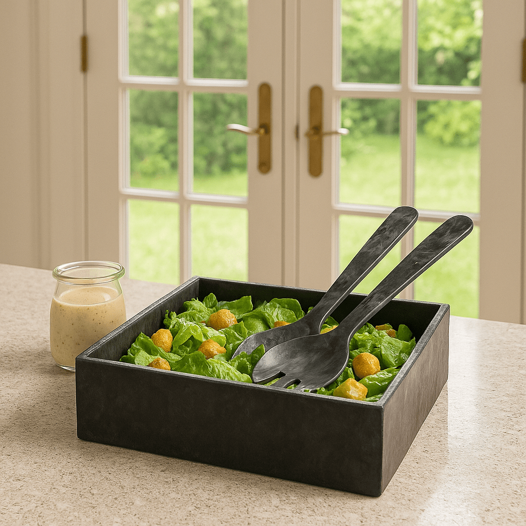 Resin Square Salad Bowl with fresh Caesar salad and a creamy dressing on the side.