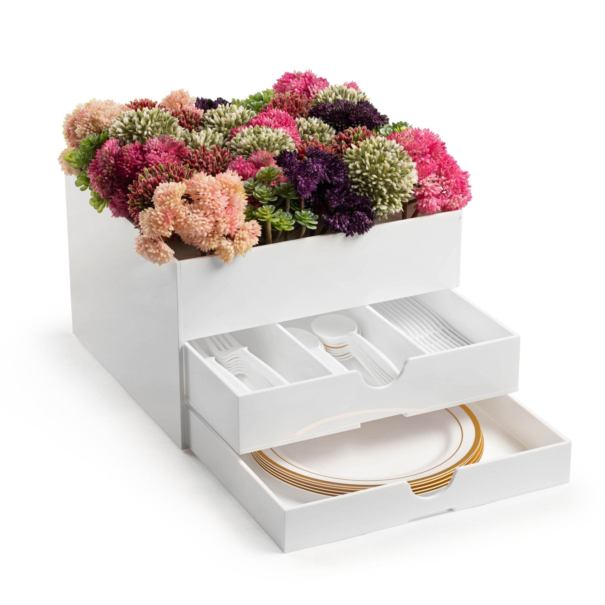 Silverware Caddy Floral Vase with drawers open