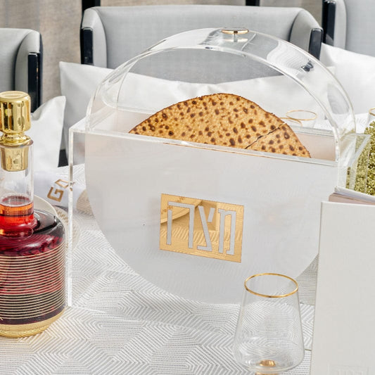 Gold accent Standing Suspended Matzah Box with Pesach Bread on a Pesach Table | Waterdale Collection