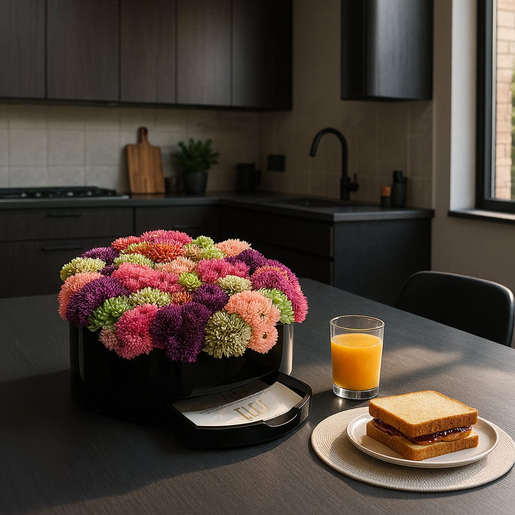 Black Succulent Pink Round Vase Bencher Set on the kitchen table.