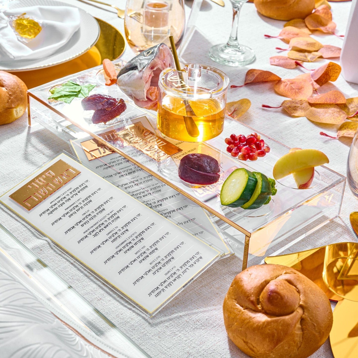 Suspended Simanim Tray Card Set on a Rosh Hashanah setting