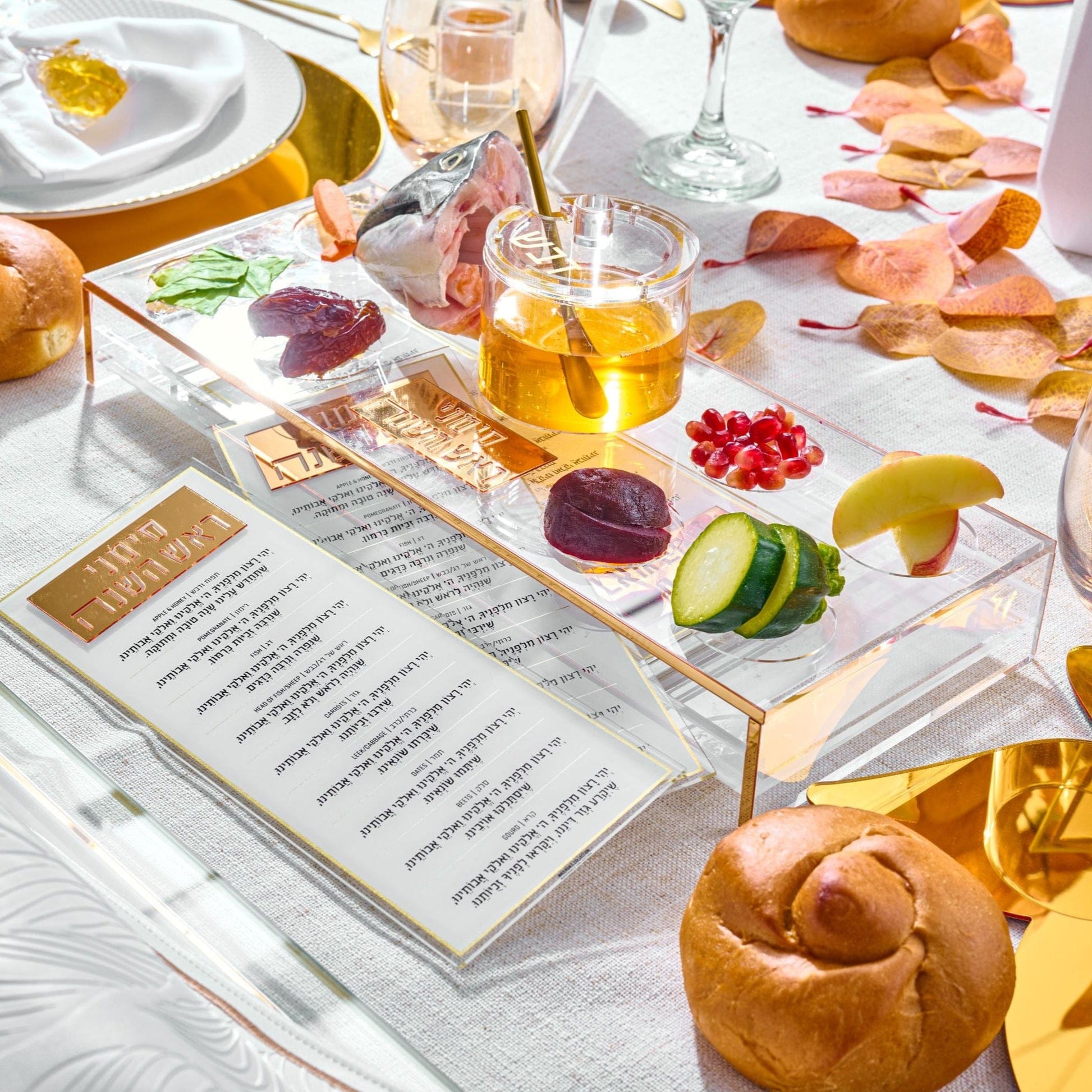 Suspended Simanim Tray Card Set on a Rosh Hashanah setting
