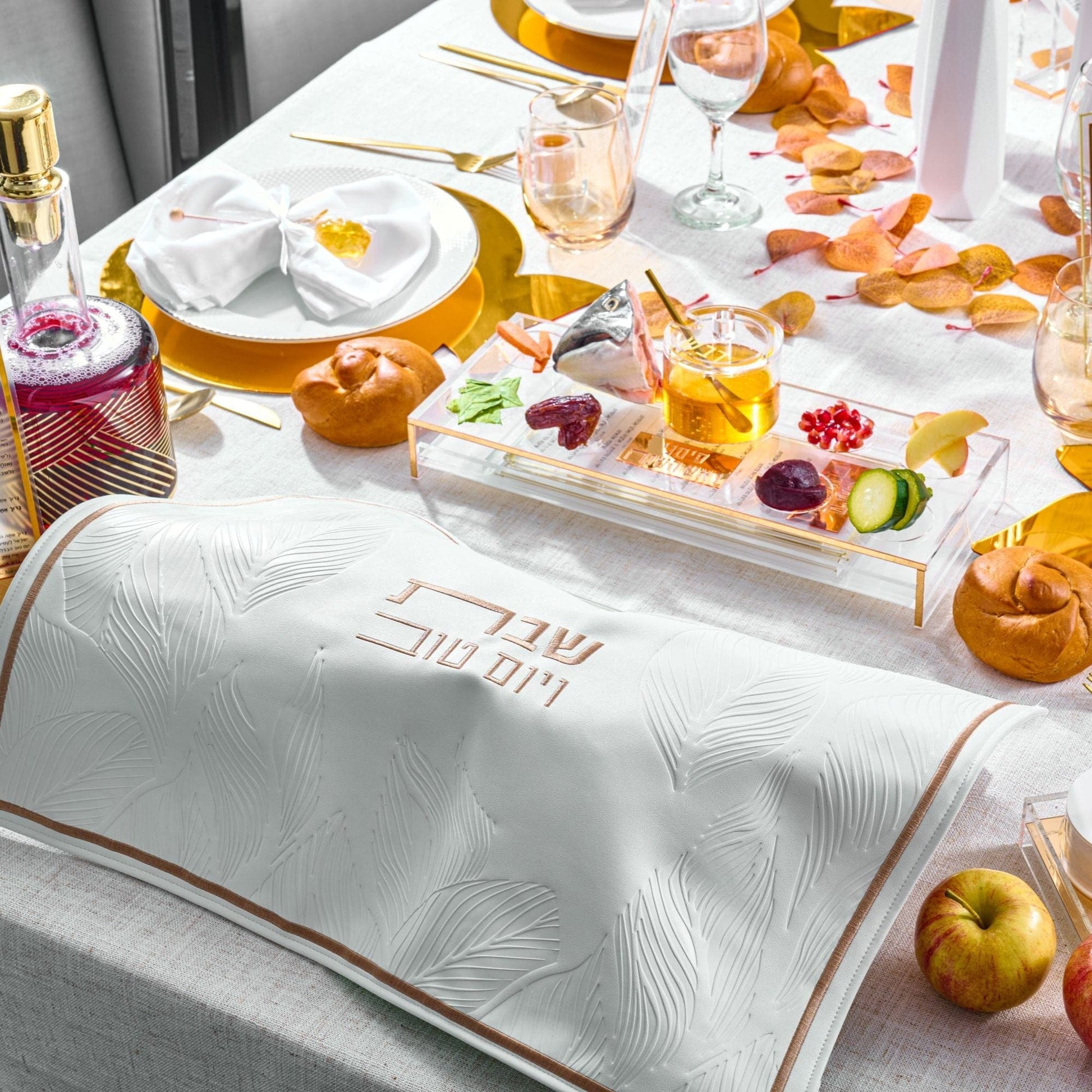 Suspended Simanim Tray Card Set on a Rosh Hashanah table setting