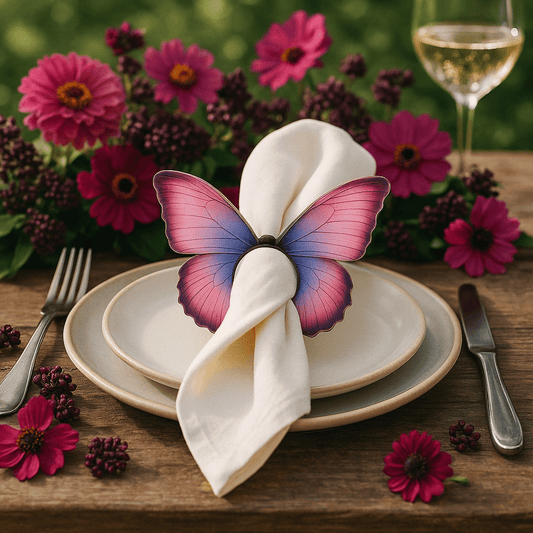 Tie - Dye Butterfly Napkin Rings with a cream napkin surrounded by vibrant magenta flowers in an outdoor table setting.