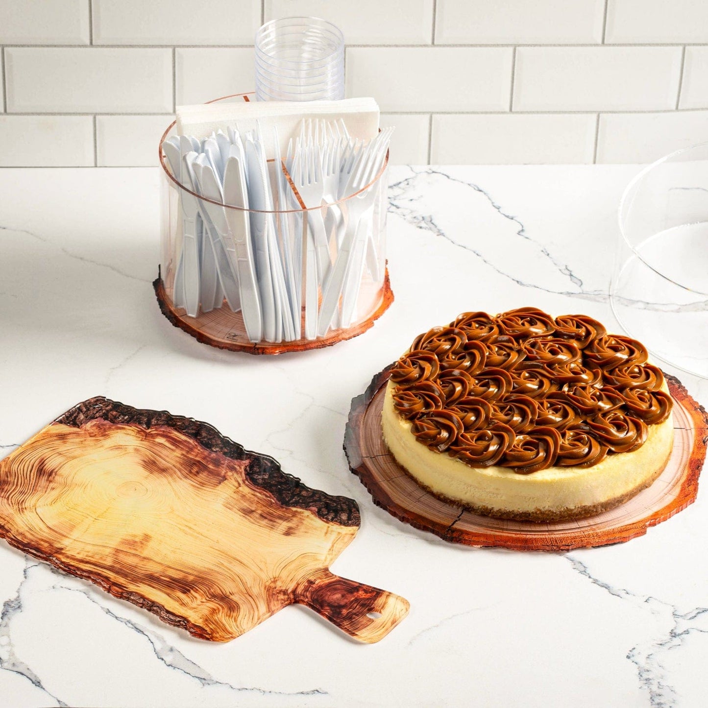 Round Wood Swivel Silverware Caddy on a kitchen counter top.