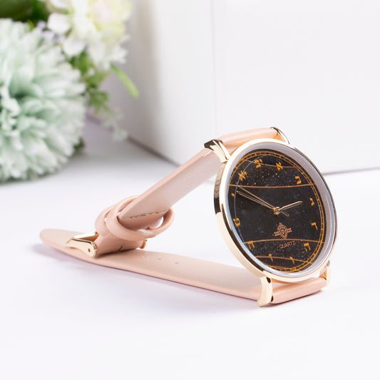 Watch -  with Aleph Bais" Pink Handle black face gold rim
